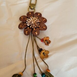 Brown Floral Leather Bag Charm or Keychain.